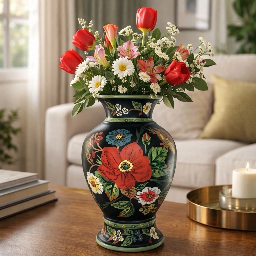 VERA BRADLEY My Home 10" Vase Hand Painted VTG Black Floral Vase Andrea by Sadek